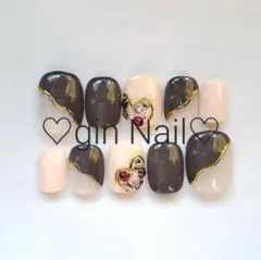 ネイルチップ　オーダー　ベリーショート　現品　ハート　ミラーネイル　ブラウン