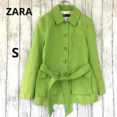 【ZARA】ザラ 麻リネン100％ベルト付きスプリングコートジャケット黄緑　Sのサムネイル