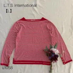 ボーダー柄カットソー　袖ボタン　カジュアル　派手色　赤　白　【L】