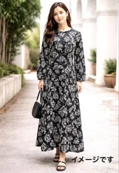 ナノユニバース 花柄ワンピース 黒 ロング 38 M相当 長袖 上品 きれいめ