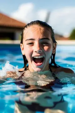 プールで楽しむ女性のポートレートアート写真