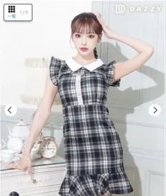 チェック柄フリル袖タイトドレス