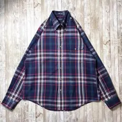 ヴィンテージ　長袖シャツ　チェック柄　ネイビー　緑　白　赤　オーバーサイズ　古着