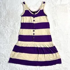 ボーダーひざ丈ワンピース　(S)  ベージュ紫ボーダー