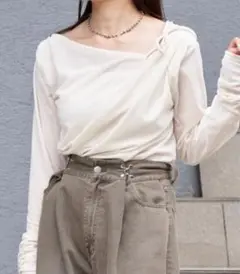 RAY CASSIN チュールベロアデザインロングTシャツ ライトベージュ