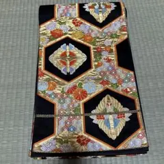 豪華な袋帯 花柄刺繍 黒地