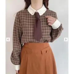 Fint フィント ネクタイ ブラウス チェックシャツ　ブラウンのサムネイル
