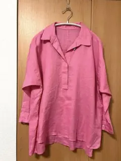 ピンクのリネン五分袖シャツ M
