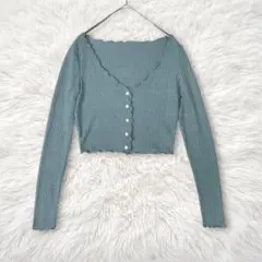 リブ編み　クロップド　カーディガン　メロウヘム　レタスエッジ　グリーン系　XS