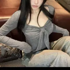 SHEIN グレー 長袖 フロントギャザー トップス