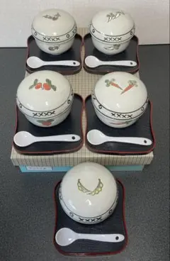 【未使用】5客セット・茶碗蒸し器・スプーン・トレー