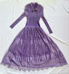 パープル レース ロングワンピース ドレス ボウタイ リボン 長袖