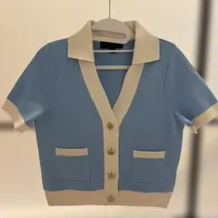 ZARA 襟付き 半袖 ニット カーディガン ブルーのサムネイル