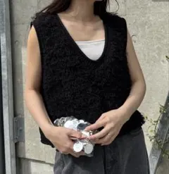 チャオパニックティピー　ループフリンジクロップド丈ベスト　黒　サマーベスト
