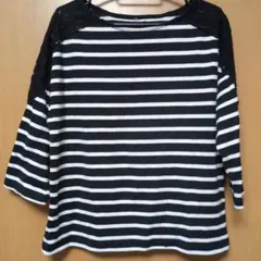 【新春SALE】七分袖ボーダー トップス 肩部分レース素材 Lサイズ