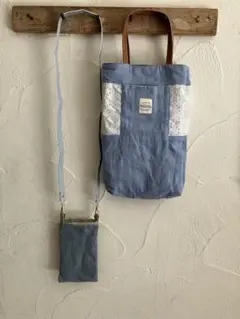 くすみブルーナチュラルバッグとスマホショルダー