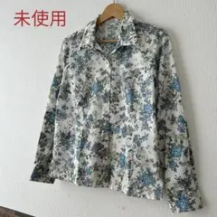 極美品 Savoir 花柄 フリルネック リボン フラワー ブラウス ブルー系 