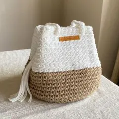 麻紐×tシャツヤーン　巾着ショルダーバッグ　かごバッグ　ホワイト