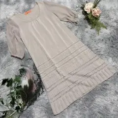 【sunauna】ベージュ ニットワンピース 半袖 レース装飾　ギャザー