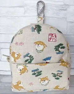 ハンドメイド　ミニリュック型ポーチ　柴犬　和柄