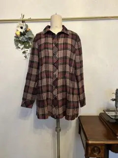 チュニック　チェック柄　長袖シャツ　レトロ　ネルシャツ　赤　プリーツ