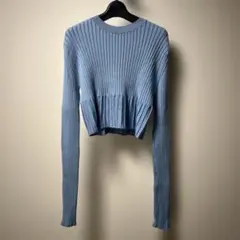 美品　ルシェルブルー　ライトブルー リブ編み クロップド丈 セーター