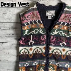 インポート古着　ハンドニットベスト　リネン×コットン　フォークロア　レディース