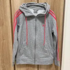 adidas フード付きジップアップパーカー　グレー/ピンク