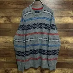 【オーバーサイズ】古着　ニットセーター　総柄　クルーネック　L グレーマルチ