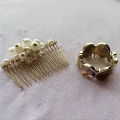 パール＆ゴールド ヘアアクセサリー 2点セット（ヘアコーム・バンスクリップ）