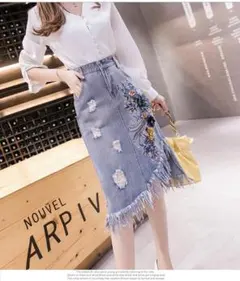 【大きめＸＬ】ガーリーコーデに♡ 花柄 フラワー 刺繍 デニムスカート
