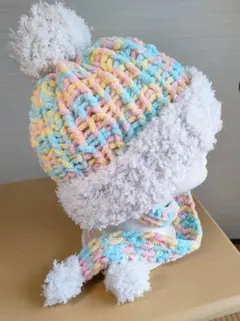 手編み☆ニット帽☆もこもこ☆ポンポン付き☆毛糸の帽子