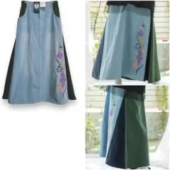 【ScoLar】デニム×ピーチ起毛切替 花蝶刺繍 デニムスカート タグ付未使用