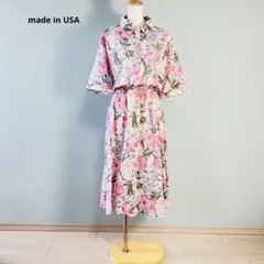 70s 80s USA製 花柄 半袖 ロング シャツ ワンピース N662