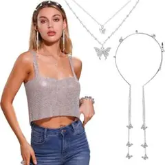 銀色蝶々髪飾り ヘアアクセサリー カチューシャ ネックレス 2点セット