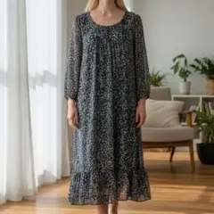 美品 メルローズクレール ワンピース L ネイビー 花柄 ロング 七分袖 快適