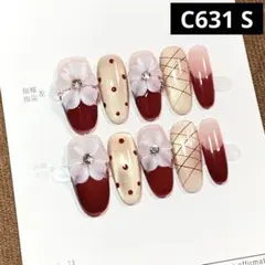 現品ネイルチップ　ミディアムオーバル　3D5枚花ワインレッドフレンチお正月成人式