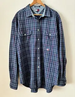 tommy jeansネイビー系チェック長袖シャツ XL