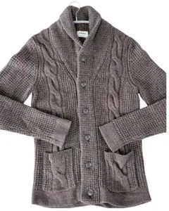 【美品】毛100%ブラウンケーブル編み ニットカーディガン/メンズ