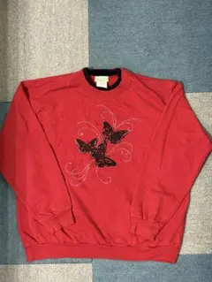 TOP STITCH 蝶刺繍 レッド トレーナー PM 14