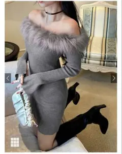 GRL ファーオフショルダーニットミニワンピース［an1346］