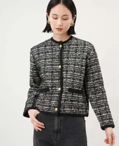 【美品】ミラオーウェン　釦短丈ツイードニットカーデジャケット