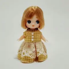 ぷちリカちゃん服　ハンドメイド　イエローチェック×レースのワンピース