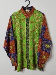 超希少 Vintage ELLE エル バロック 総柄 スタンドカラー シャツ 
