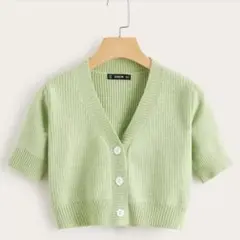 ボタンフライ　クロップドカーディガン　半袖ニット