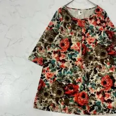 Bou Jeloud 花柄 裏地 タック クルーネック 七分袖 チュニック 38