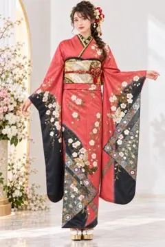 振袖 深緑×珊瑚ピンク 桜 蝶 金彩 成人式 前撮り