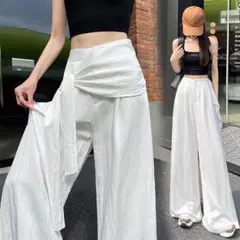 ハイウエスト ゆったり オシャレデザイン ワイドパンツ 着痩せ 3色展開