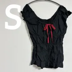 フリル付き黒半袖トップス 【S】 ブラック 赤リボン シンプル
