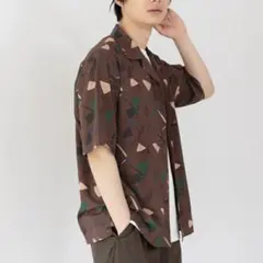GLOBAL WORK 総柄 オープンカラーシャツ ブラウン Sのサムネイル